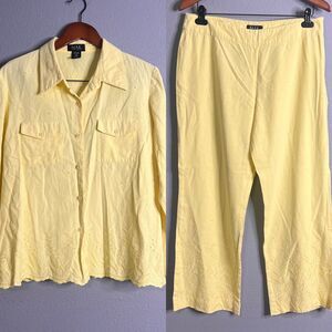 MAK New York Womens 14 Linen Pant Shirt Set Suit Yellow Crochet Accent‎ Coastal
